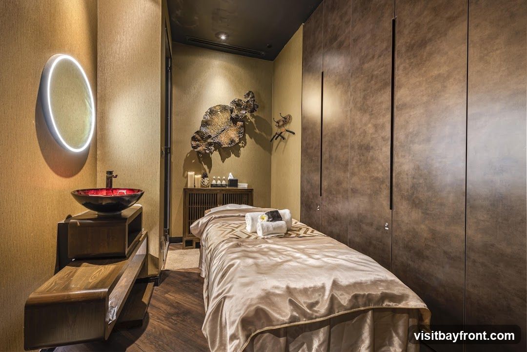 A spa room with a massage bed, a sink, and storage cabinets. The room has warm lighting and textured walls.