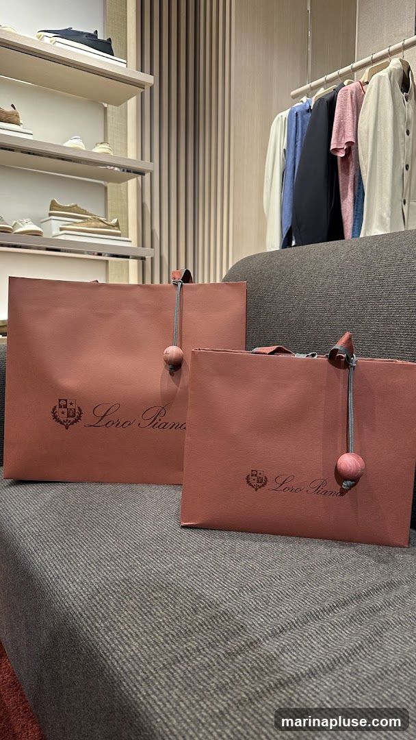 Two pink shopping bags with the Loro Piana logo are displayed on a gray upholstered surface. In the background, shelves display shoes, and a rack holds various clothing items.