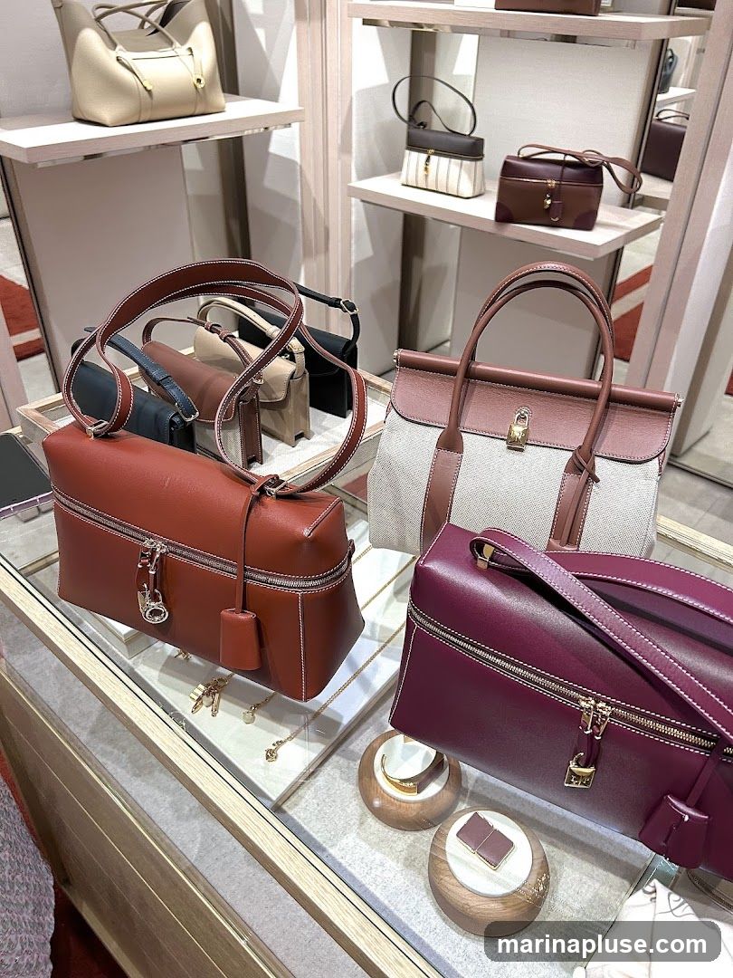 A selection of designer handbags are displayed on shelves and in a glass case. The bags are in various colors including tan, brown, burgundy, and black. Some bags feature gold-tone hardware and leather accents. Jewelry and other accessories are also visible in the display case.