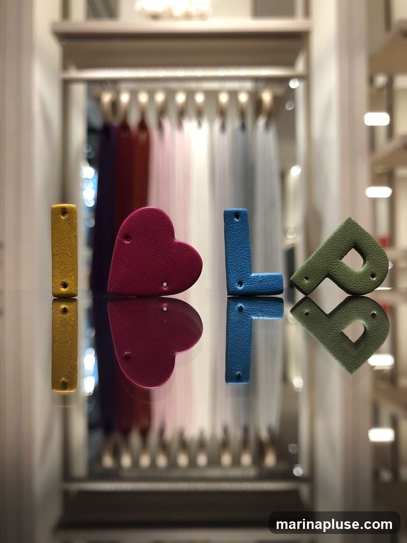 Four colorful leather letters, a yellow rectangle, a pink heart, a blue L-shape, and a green P-shape, are arranged on a reflective surface. Behind them, a blurred background shows a clothing store interior with racks of colorful garments and shelves.