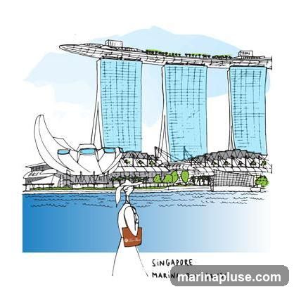 A sketch-style illustration depicts the Marina Bay Sands complex in Singapore. Three tall towers, topped with a connecting structure, dominate the background. In the foreground, a stylized figure of a person walks along a waterfront, carrying a bag. The text "SINGAPORE MARINA BAY SANDS" is written below the figure.