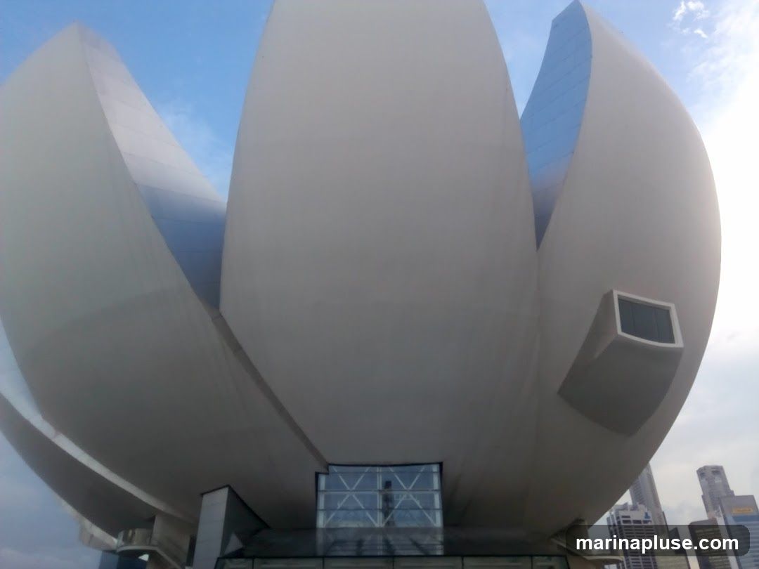The exterior of the ArtScience Museum in Singapore, a building shaped like a lotus flower, with its distinctive petal-like structure. The sky is visible above, with some clouds. In the background, modern skyscrapers can be seen.
