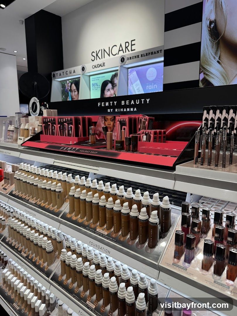 A display of Fenty Beauty products, primarily foundations and lip glosses, is shown in a retail setting. The display features rows of foundation bottles in various shades, with labels indicating "FOUNDATION" and specific product names like "SOFT MATTE LONGWEAR FOUNDATION" and "PRO FILT'R". Above the foundation display, there is a section dedicated to "FENTY BEAUTY BY RIHANNA" with smaller product packaging. In the background, a "SKINCARE" section is visible with brands like Caudalie and Drunk Elephant.