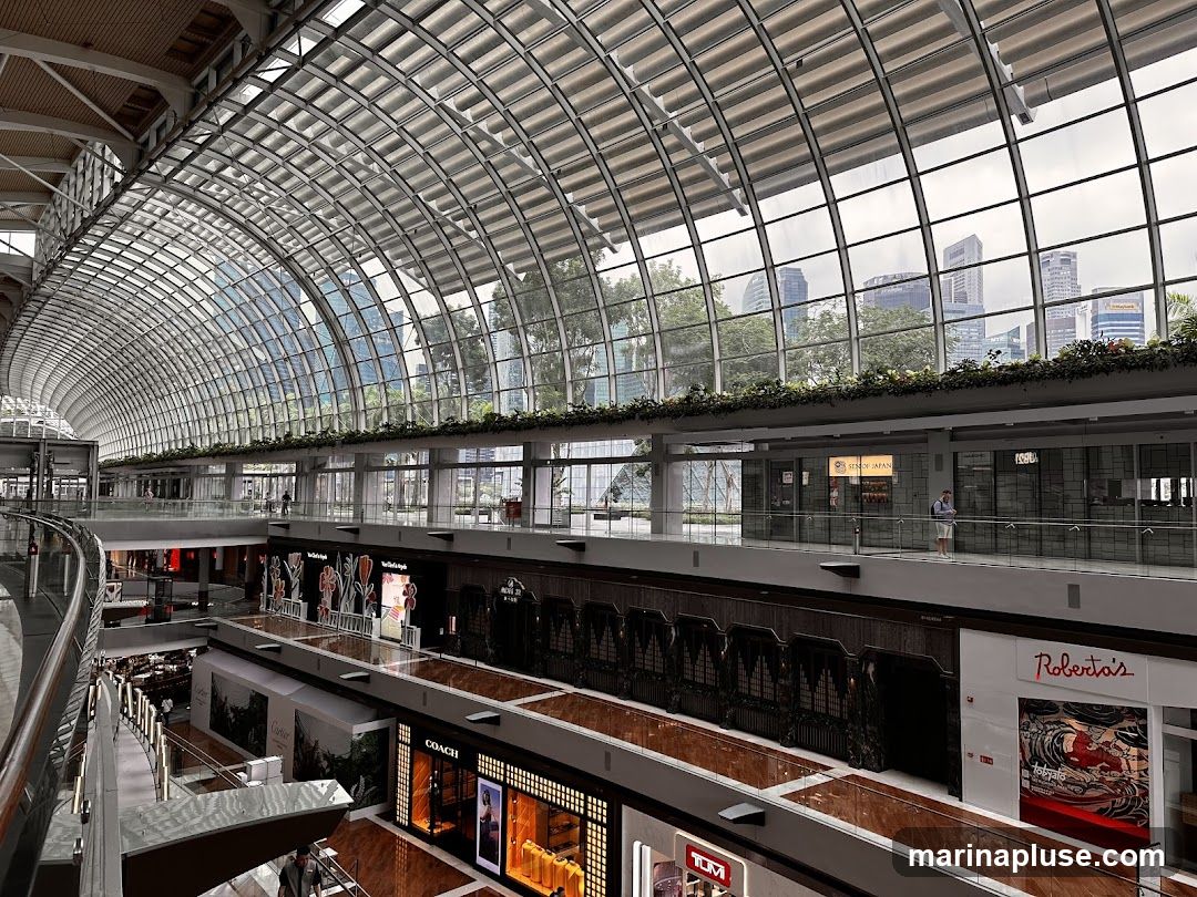 The image shows the interior of a large, modern shopping mall with a distinctive arched glass roof. Multiple levels of shops are visible, with escalators and walkways connecting them. The shops have illuminated storefronts, displaying various brands. In the background, through the glass roof, a cityscape with tall buildings can be seen. One shop prominently displays the name 'Roberto's' and another 'Coach'.