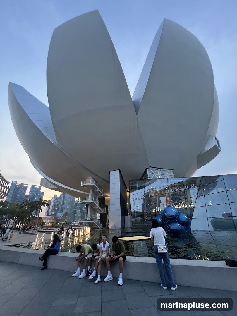 The exterior of the ArtScience Museum, a building with a distinctive lotus-like design, is shown from a low angle. The building features a glass facade with the words "ARTSCIENCE MUSEUM" visible. Several people are seated on a ledge in front of the building, with a body of water and reflections in the foreground. The city skyline is visible in the background.