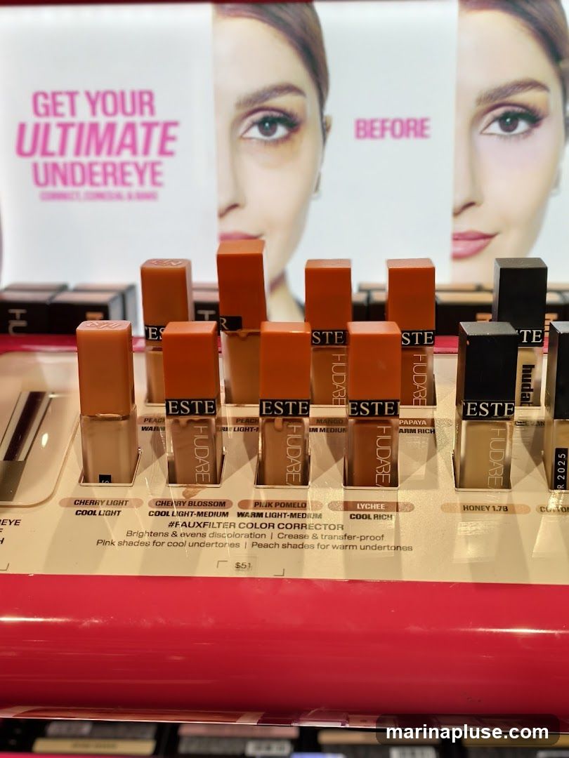 A display of Huda Beauty #Fauxfilter Color Correctors with shades like Cherry Light, Cherry Blossom, Pink Pomelo, Lychee, and Honey 1.78. The display features a promotional image with the text "GET YOUR ULTIMATE UNDEREYE" and "BEFORE".