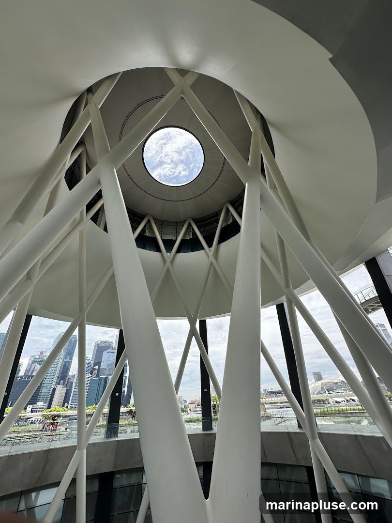 An interior view looking upwards towards a circular skylight, framed by white, angular support beams. The skylight reveals a cloudy sky. Through the gaps between the beams, a cityscape with modern skyscrapers and a body of water is visible in the distance.