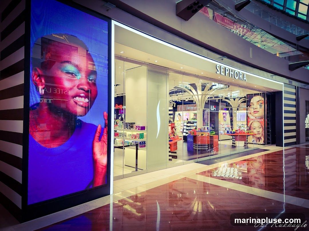 The exterior of a Sephora store with large glass windows and the Sephora logo prominently displayed above the entrance. Inside, various beauty products are displayed on shelves and tables. A large digital screen on the left displays a colorful advertisement featuring a woman's face. The floor is highly reflective, showing the store's interior and the surrounding mall environment.
