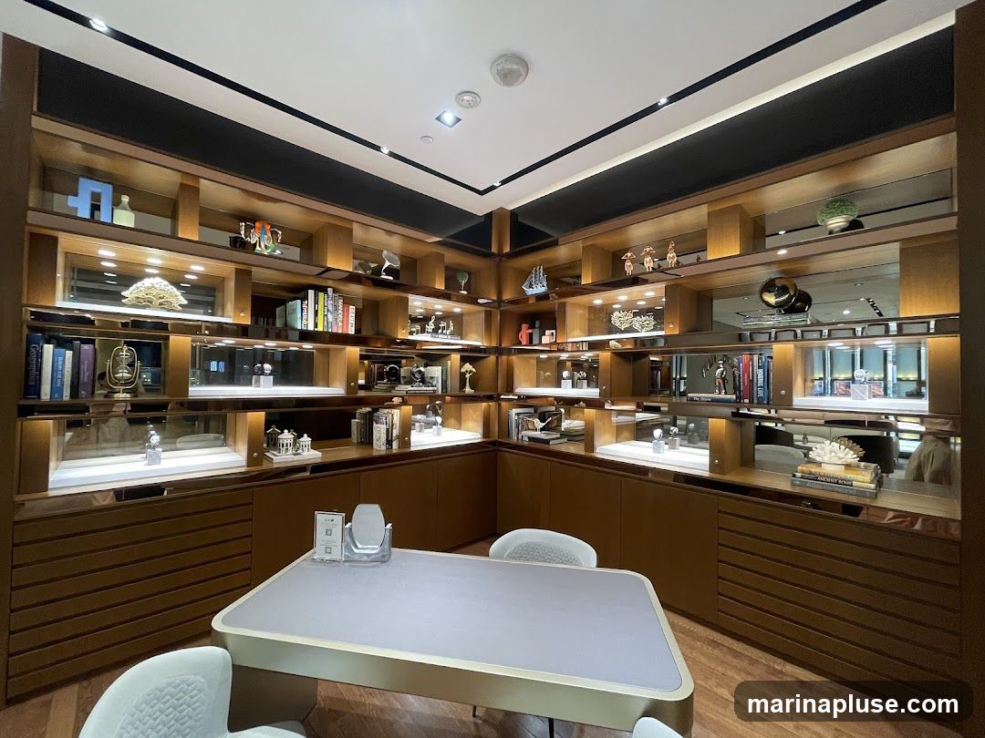 A well-lit interior of a store, likely a watch shop, with extensive shelving displaying various items. The shelves are organized with books, decorative objects, and numerous watches showcased in illuminated glass cases. A central table with chairs suggests a consultation area for customers. The overall aesthetic is modern and luxurious, with warm wood tones and mirrored surfaces enhancing the display.