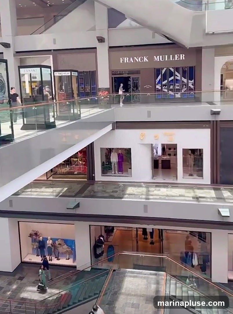 A view of a multi-level shopping mall interior. On the upper level, the Franck Muller store is visible with its name displayed prominently above the entrance. Other shops, including Tasaki and a store with a sign that appears to be in Japanese characters, are also visible. Mannequins displaying clothing are in the windows of shops on lower levels.
