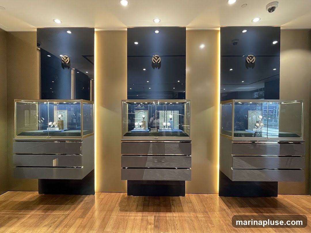 Three illuminated glass display cases with watches are showcased against a wall with dark mirrored panels and warm lighting. Each case sits atop grey drawers. The floor is made of polished wood.