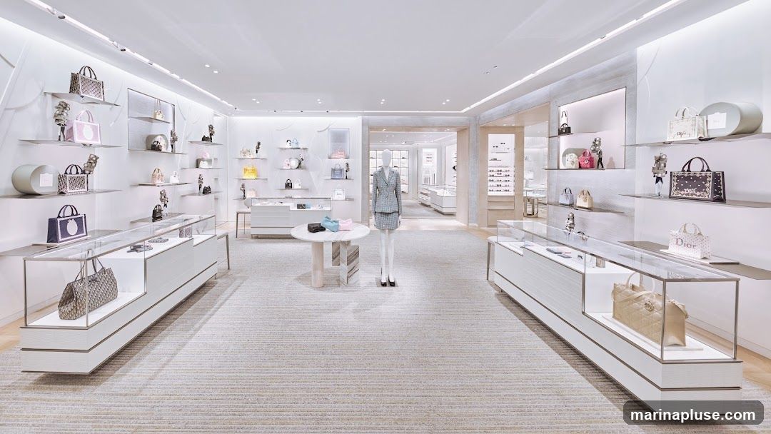 A brightly lit, modern luxury store interior, likely a boutique, showcasing a collection of designer handbags on shelves and in display cases. A mannequin is dressed in a matching tweed suit. The store features clean lines, white walls, and a neutral carpeted floor.
