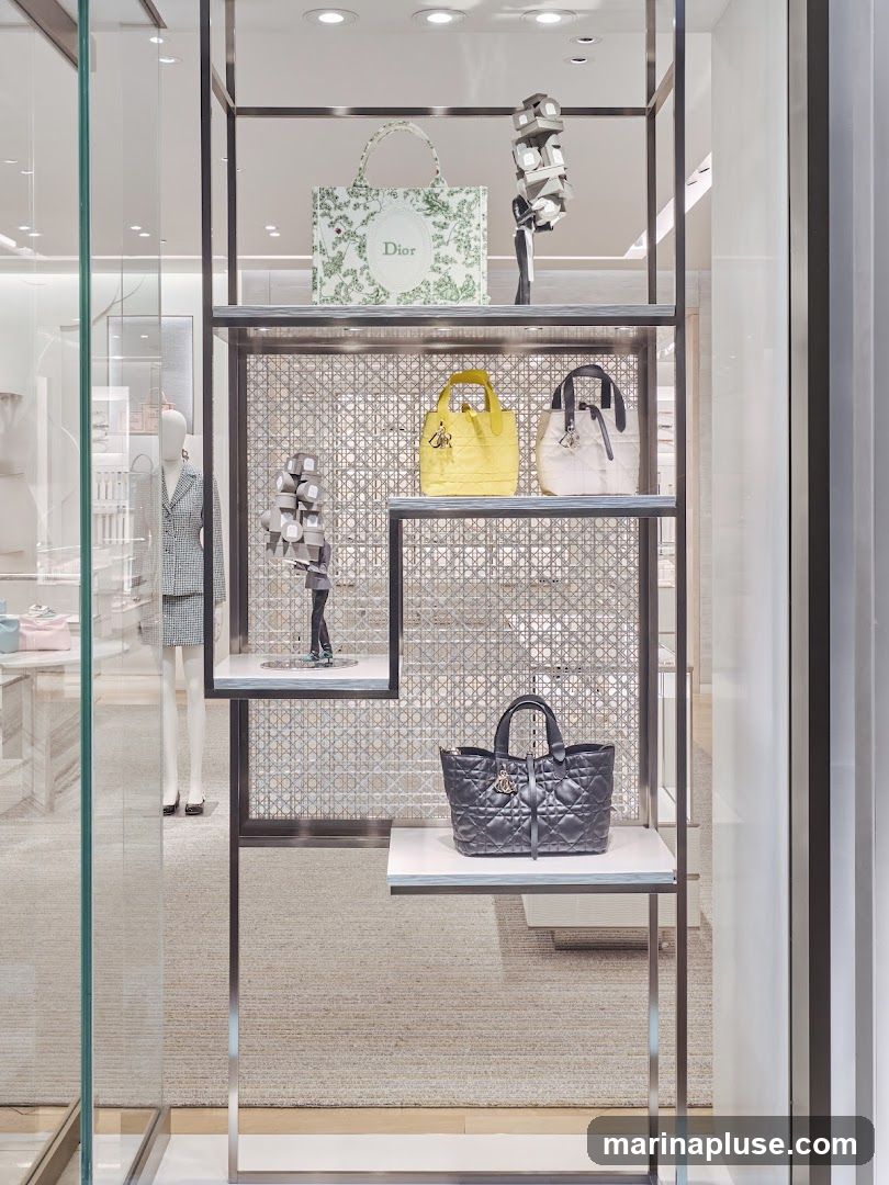 A display window showcases several Dior handbags and accessories. On the top shelf, a white tote bag with a green floral pattern and the Dior logo is displayed next to a sculptural accessory. The middle shelf features a yellow handbag and a white handbag. The bottom shelf displays a dark grey quilted handbag. In the background, a mannequin is dressed in a grey checkered suit.
