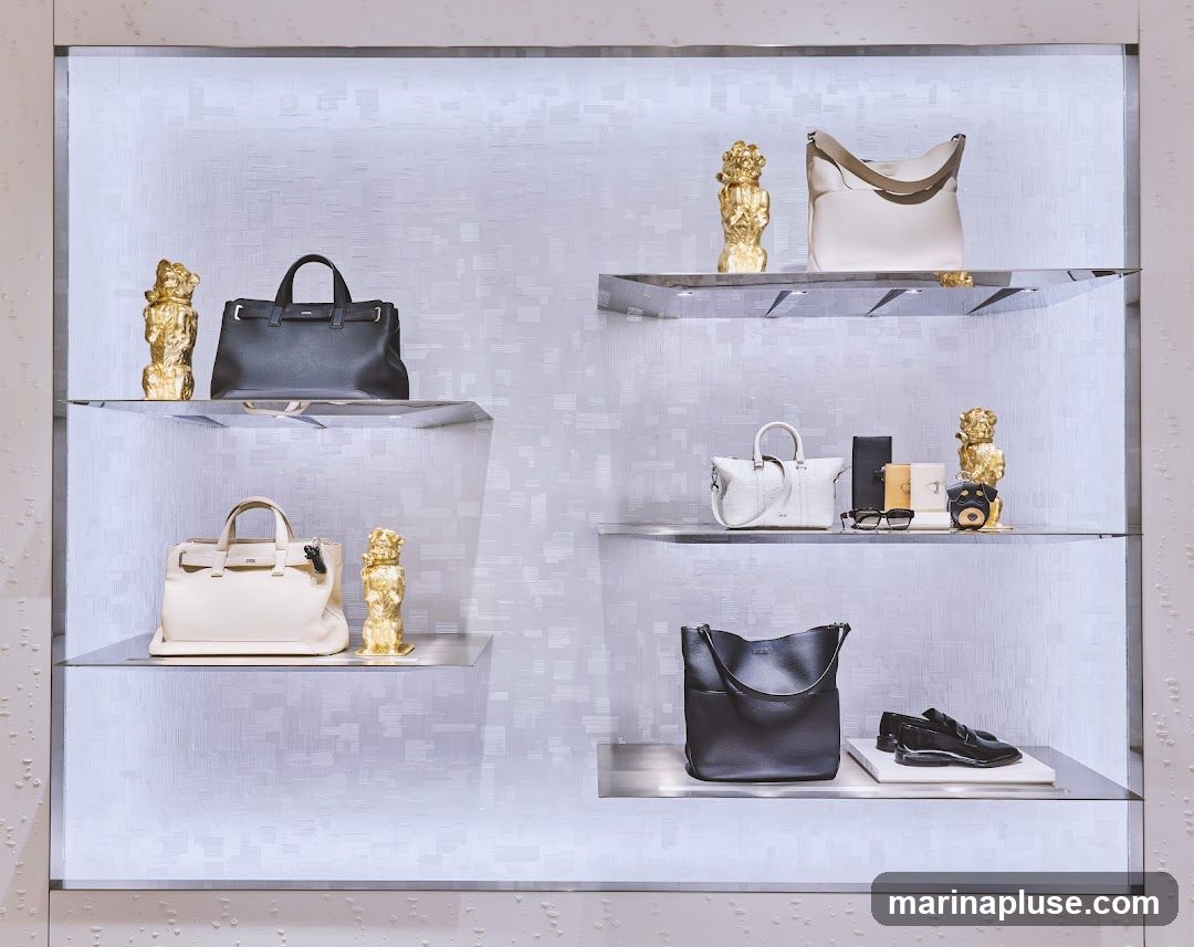 A well-lit display shelf showcases a collection of luxury handbags, shoes, and accessories. On the top shelf, a black leather handbag is displayed next to a cream-colored hobo bag, both flanked by golden decorative figures. The middle shelf features a white embossed handbag, sunglasses, a black wallet, and a small dog-shaped accessory. The bottom shelf holds a large black tote bag and a pair of black loafers. The display has a modern, minimalist aesthetic with textured white backdrops and sleek shelving.