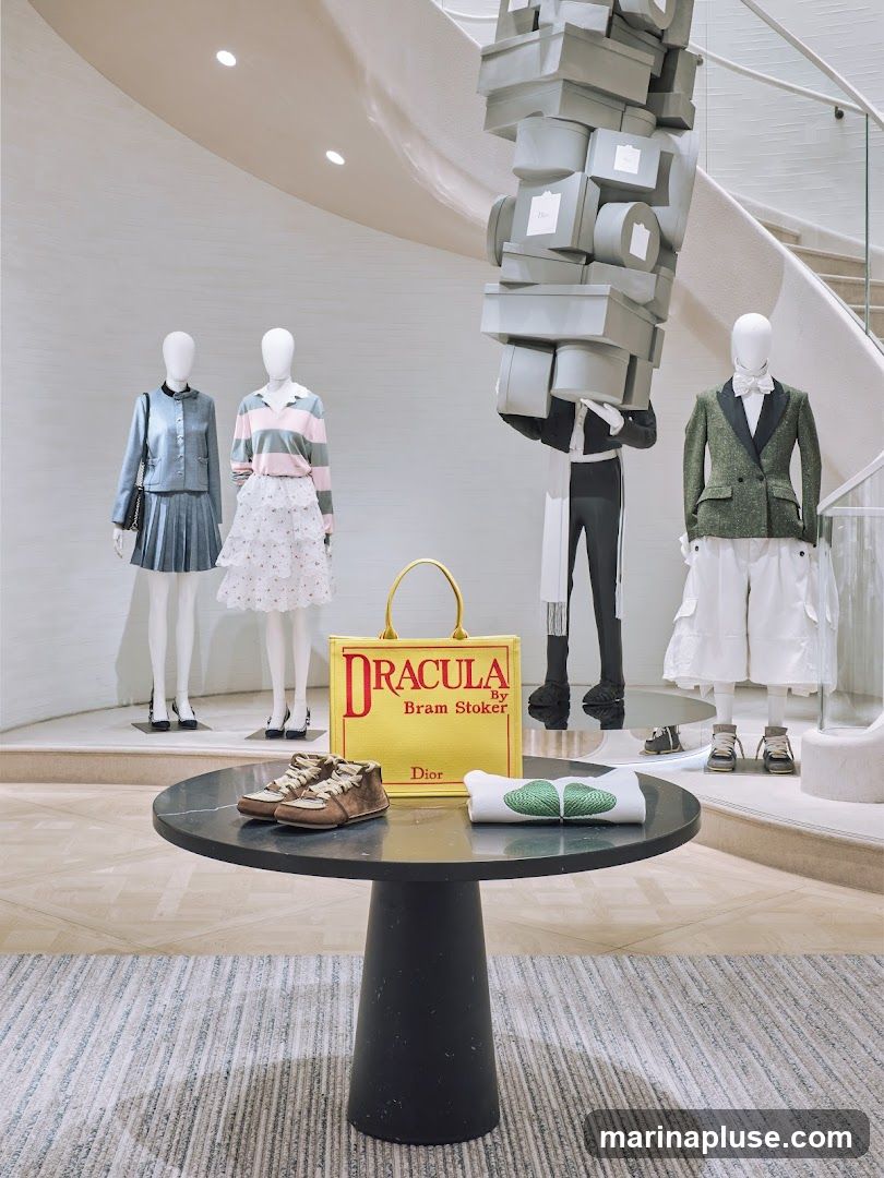 A store display featuring mannequins dressed in Dior clothing. One mannequin is dressed in a blue tweed jacket and pleated skirt, another in a striped polo shirt and a ruffled skirt. A third mannequin wears a green tweed jacket with a bow tie and white shorts. A yellow tote bag with "DRACULA by Bram Stoker" printed on it is displayed prominently. A pair of brown sneakers and a white t-shirt with a green leaf design are on a black marble table in the foreground. A sculpture of a figure carrying a stack of Dior boxes is also visible.
