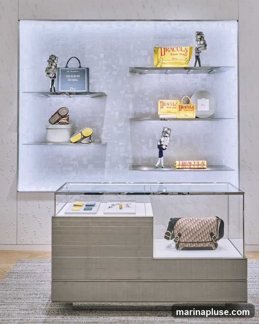 A retail display featuring Dior products. On the shelves are handbags, shoes, and decorative items. A glass display case in the foreground showcases a Dior handbag and jewelry. The background has a textured wall with integrated lighting.