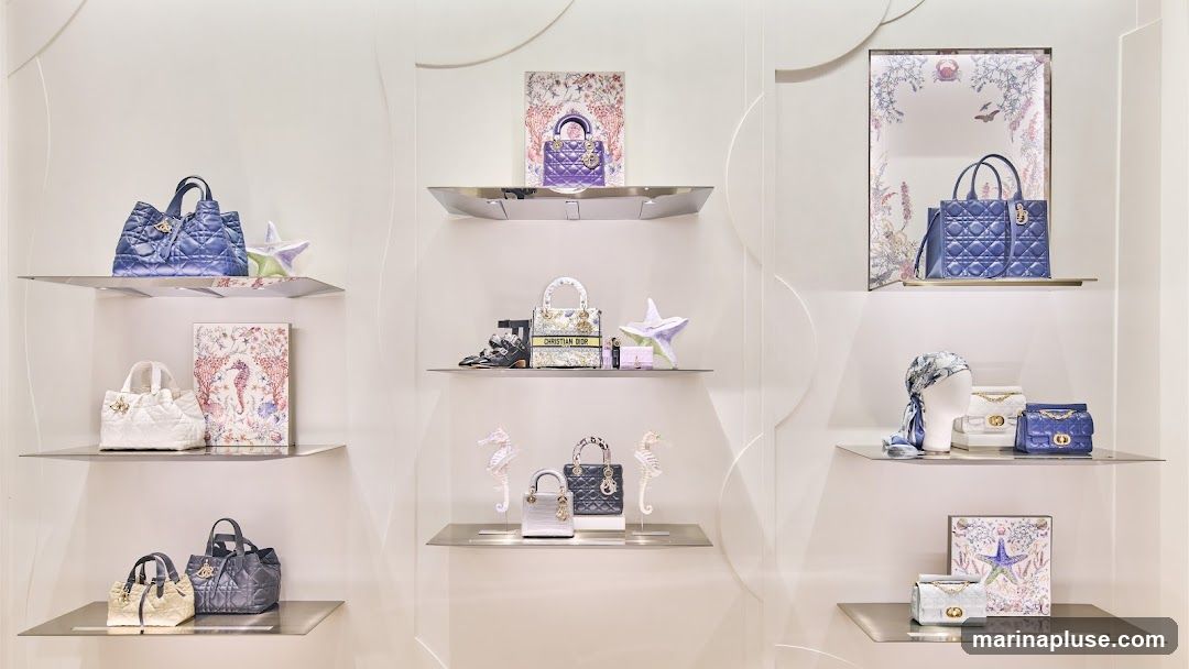 A retail display featuring various Dior handbags and accessories on shelves. The display includes quilted leather handbags in shades of blue, white, and beige, some with decorative charms. Also visible are framed artwork with marine-themed illustrations, decorative seahorse figures, and a mannequin head adorned with a silk scarf.