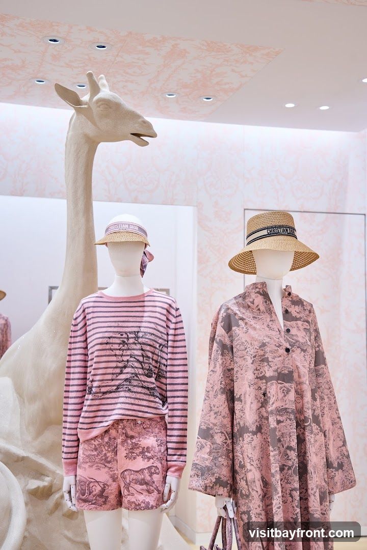 A whimsical display featuring mannequins dressed in pink and grey Dior clothing with animal prints. A large, light-colored giraffe sculpture stands behind the mannequins. The background is adorned with pink wallpaper featuring a toile de Jouy pattern. The mannequins wear straw hats with the "Christian Dior" logo.