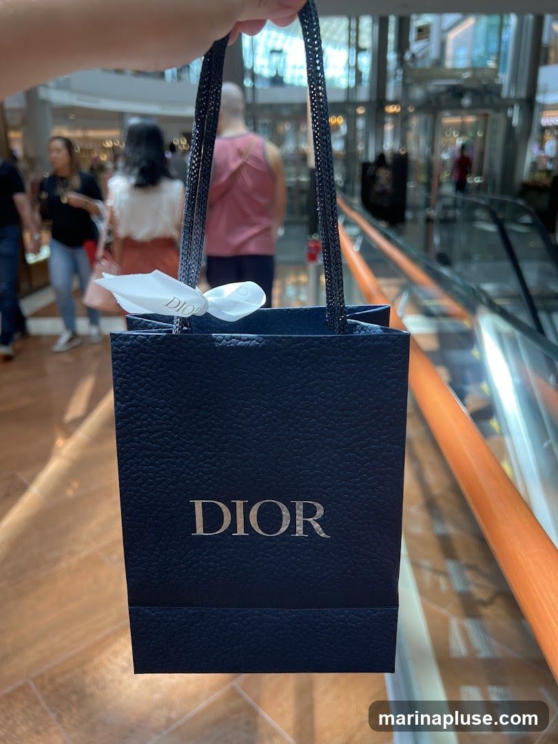 A dark blue Dior shopping bag with the brand name embossed in silver is held by a person. The background shows a blurred interior of a shopping mall with escalators and other shoppers.