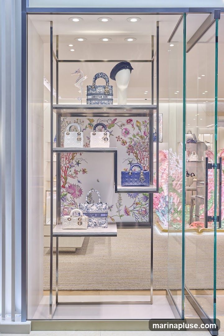 A well-lit display window showcases several Christian Dior handbags and accessories. The bags are arranged on tiered shelves against a backdrop of floral and seahorse motifs. A blue beret sits atop a mannequin head. The display is visible through a glass storefront.