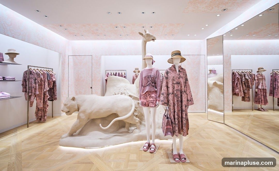 A brightly lit boutique interior with mannequins displaying pink patterned clothing. A large sculpture of a lion and a giraffe is a central display. Racks of clothing are visible on the left and right sides of the store. Mirrors line the back wall, reflecting the store's displays.