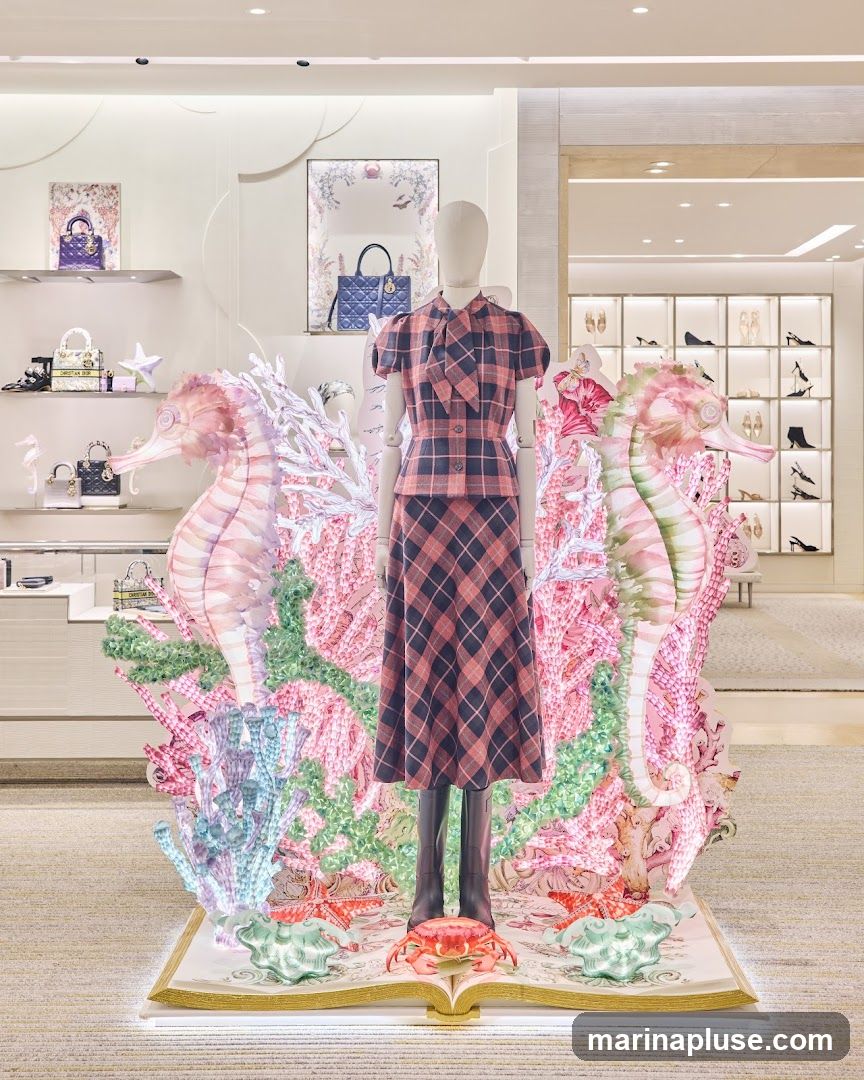A mannequin is dressed in a plaid skirt suit and boots, standing in front of a whimsical display featuring large seahorses, coral, and crabs. The background shows a retail store interior with shelves displaying handbags and framed artwork. Further back, a wall of shelves showcases various women's shoes.