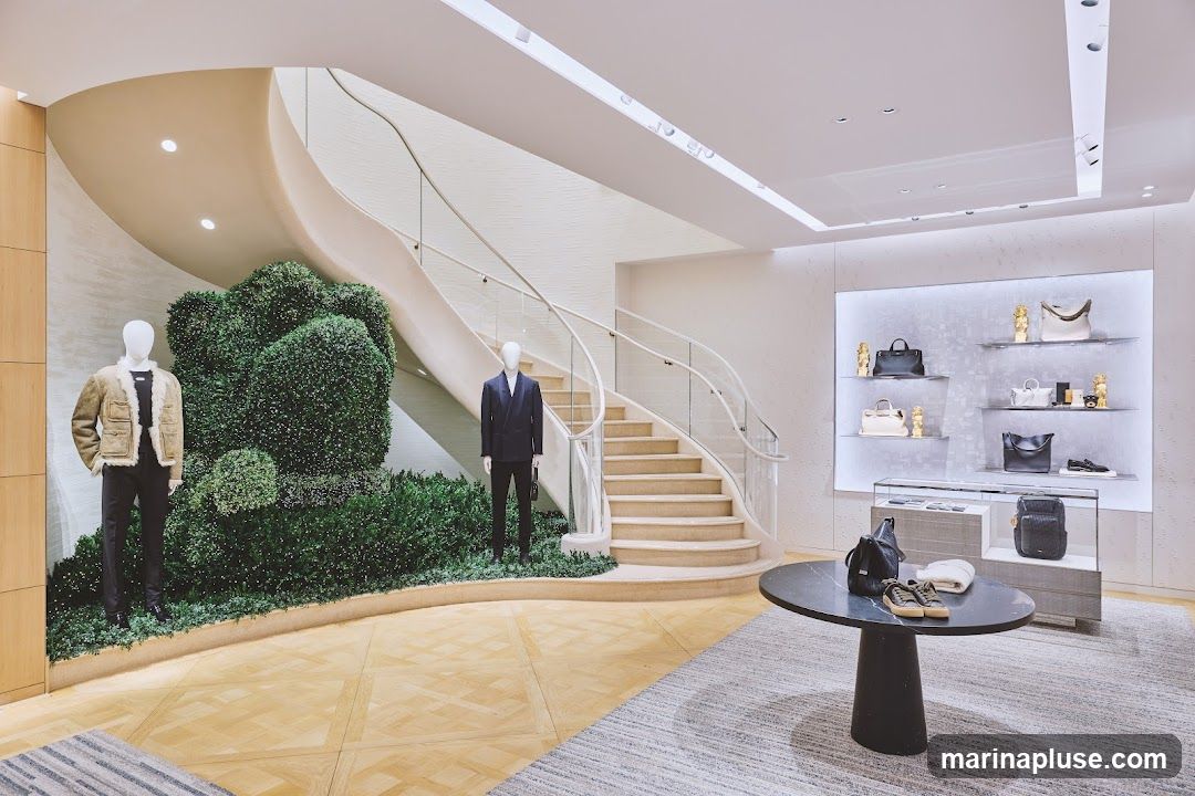 A well-lit, modern luxury store interior featuring a prominent curved staircase, lush green topiary, and mannequins dressed in stylish attire. Display shelves showcase various handbags and accessories. A round marble table in the foreground holds more merchandise. The flooring is a light-colored wood parquet, and the overall ambiance is sophisticated and clean.