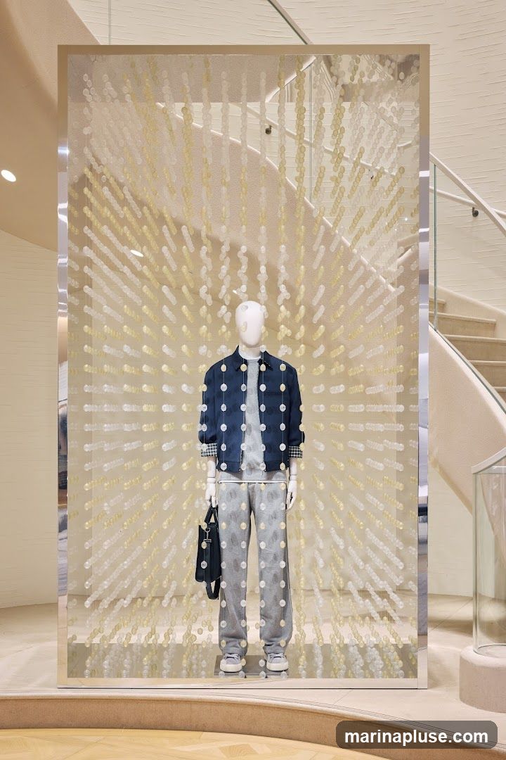 A mannequin is displayed in a store window, wearing a blue jacket, grey patterned pants, and white sneakers. The mannequin is positioned behind a decorative screen made of hanging translucent beads. In the background, a staircase and part of the store's interior are visible.