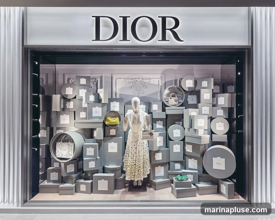A well-lit store window display for Dior, featuring a mannequin dressed in a floral print dress and holding a handbag. The display is filled with numerous grey boxes of various sizes, some circular and some rectangular, all branded with the Dior logo. A yellow handbag is visible in a circular display to the left of the mannequin, and a white handbag is displayed in a circular frame above and to the right. A pair of green gloves rests on a small grey box in the lower right corner. The large Dior logo is prominently displayed above the window.