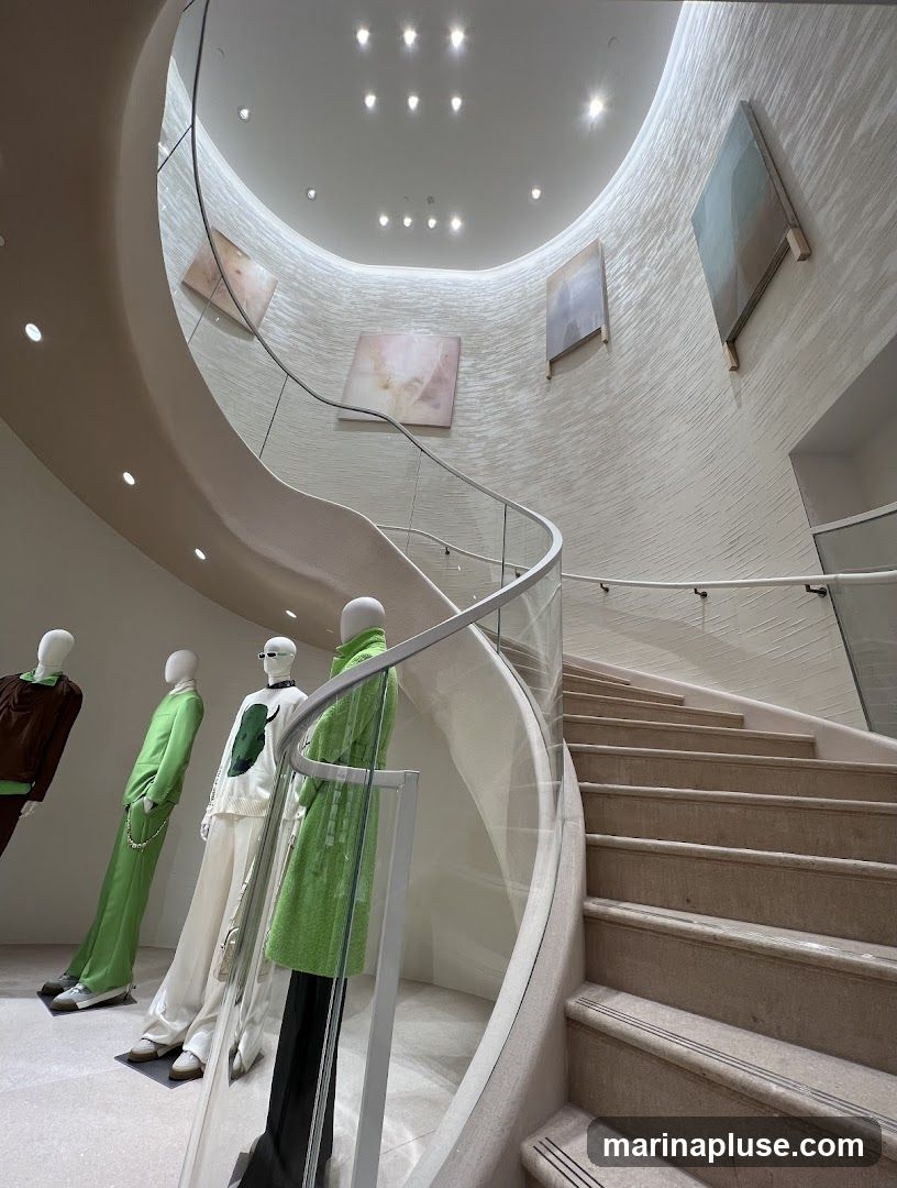 A modern interior space featuring a sweeping spiral staircase with glass railings. The walls are textured and adorned with abstract art. On the left, several mannequins are displayed, dressed in contemporary fashion. The lighting is bright and highlights the architectural features and the displayed clothing.