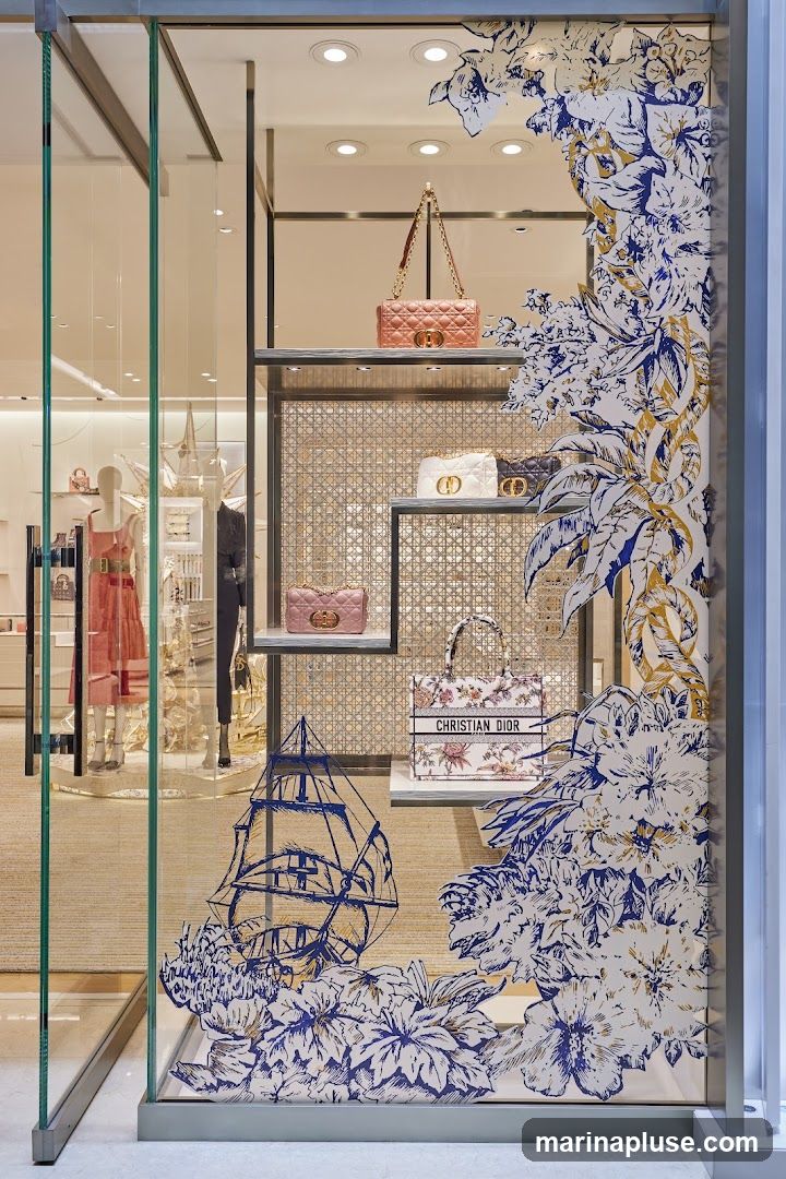 A luxury fashion store window display featuring several handbags on shelves. The display is decorated with a floral and ship motif. Inside the store, mannequins are visible wearing dresses.