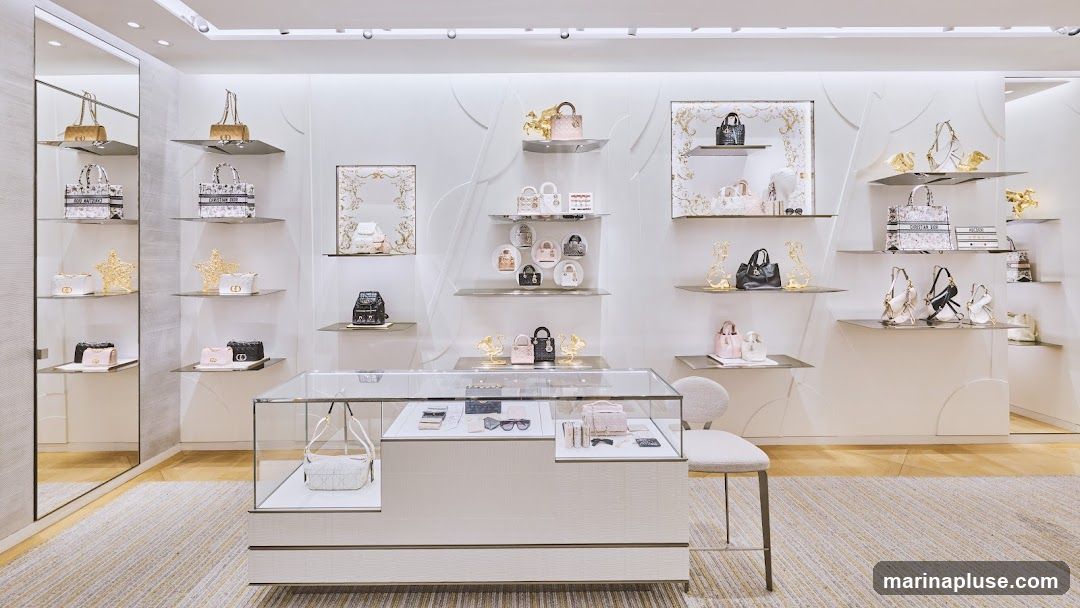 A well-lit and elegantly designed interior of a Dior store, showcasing a variety of handbags, accessories, and decorative items on display shelves and in a central glass counter. The color palette is predominantly white and gold, with subtle accents of pink and black. The store features a large mirror on the left side, reflecting the merchandise.