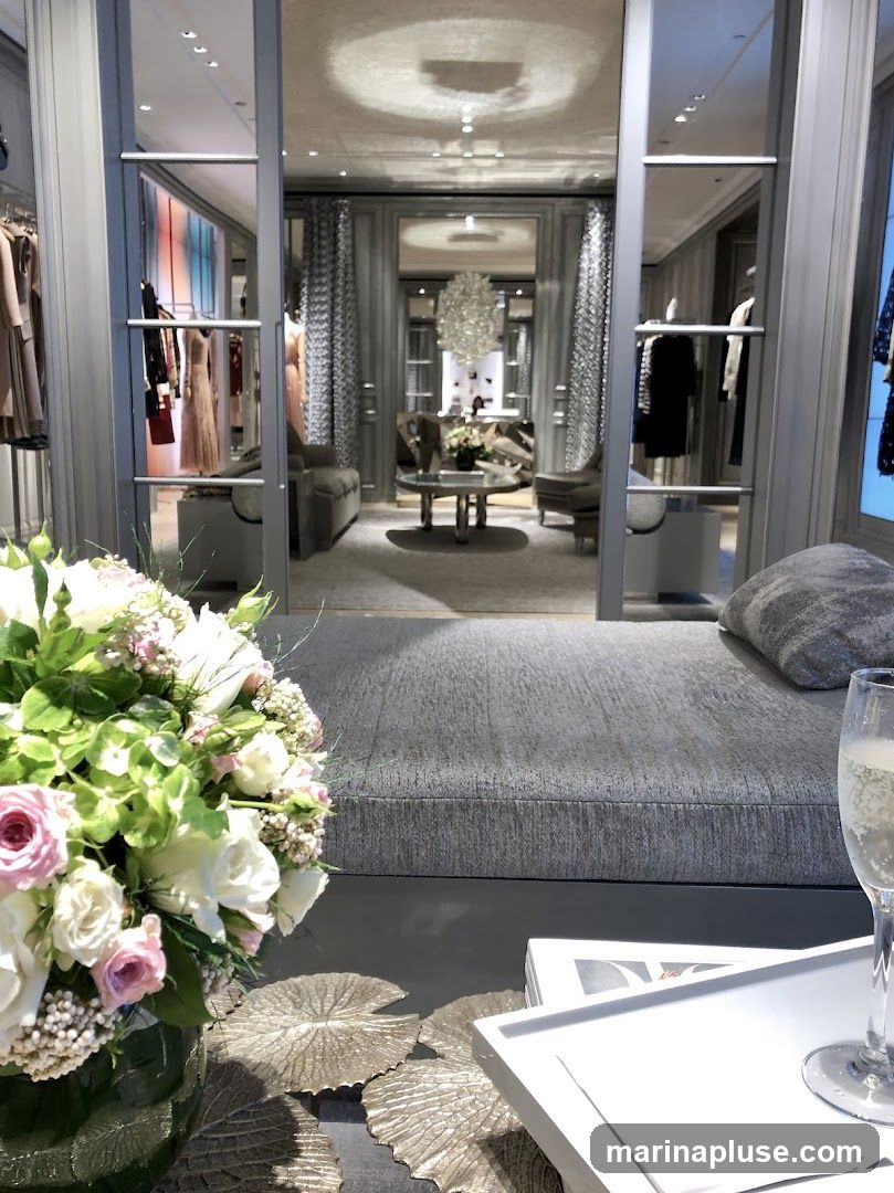 A view into a high-end boutique, showcasing clothing racks with elegant dresses and garments. The interior features plush seating, a central coffee table, and a striking crystal chandelier. In the foreground, a vase of fresh flowers and a glass of champagne suggest a luxurious and inviting atmosphere.
