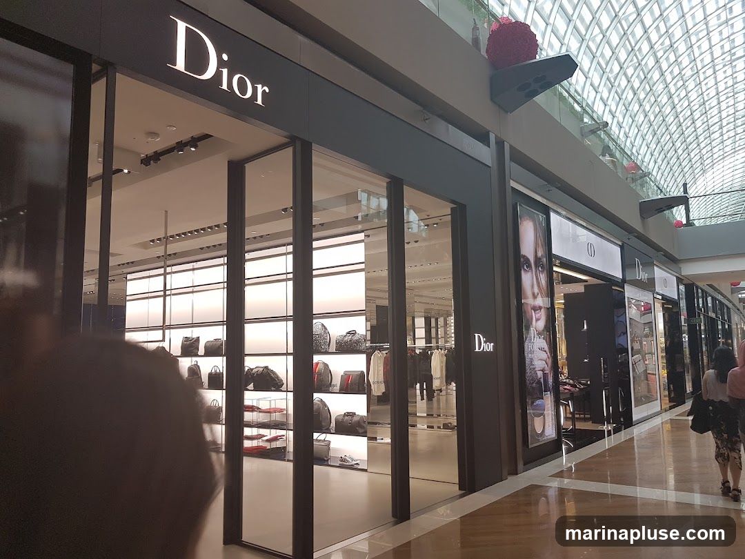 The exterior of a Dior store with large glass windows displaying handbags and clothing. The Dior logo is prominently displayed above the entrance. The store is located in a modern shopping mall with a glass ceiling.