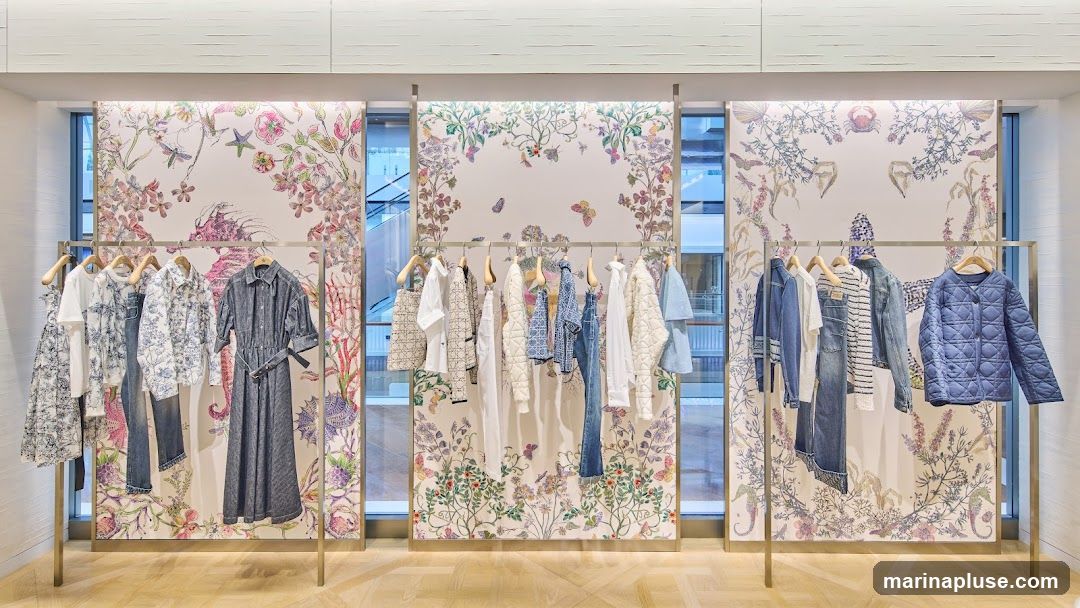 A retail display featuring several racks of women's clothing against a backdrop of wallpaper adorned with intricate floral and fauna illustrations, including butterflies, dragonflies, and marine life. The clothing includes dresses, jackets, shirts, and jeans in various shades of blue, white, and patterned fabrics. The display is set in a well-lit interior with wooden flooring.