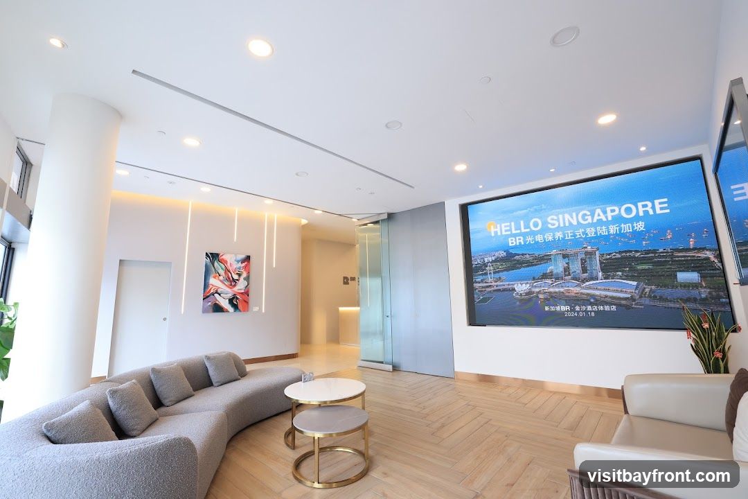 A contemporary lobby area featuring a large curved sofa, two round coffee tables, and a large digital screen displaying a cityscape with the text "HELLO SINGAPORE" and "BR 光电保养正式登陆新加坡". The screen also shows "新加坡BR·金沙酒店体验店" and the date "2024.01.18". An abstract painting hangs on the wall near a column.