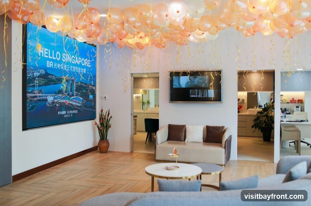 The image shows a modern office interior decorated with numerous balloons and streamers, suggesting a celebration or event. A large digital screen on the left displays "HELLO SINGAPORE" along with an image of the Singapore skyline and Chinese text. In the center, a beige sofa with decorative pillows faces a coffee table. Behind the sofa, a doorway leads to another room with a counter and sink, and further to the right, another office space is visible with desks and chairs. A large potted plant adds a touch of greenery to the scene.