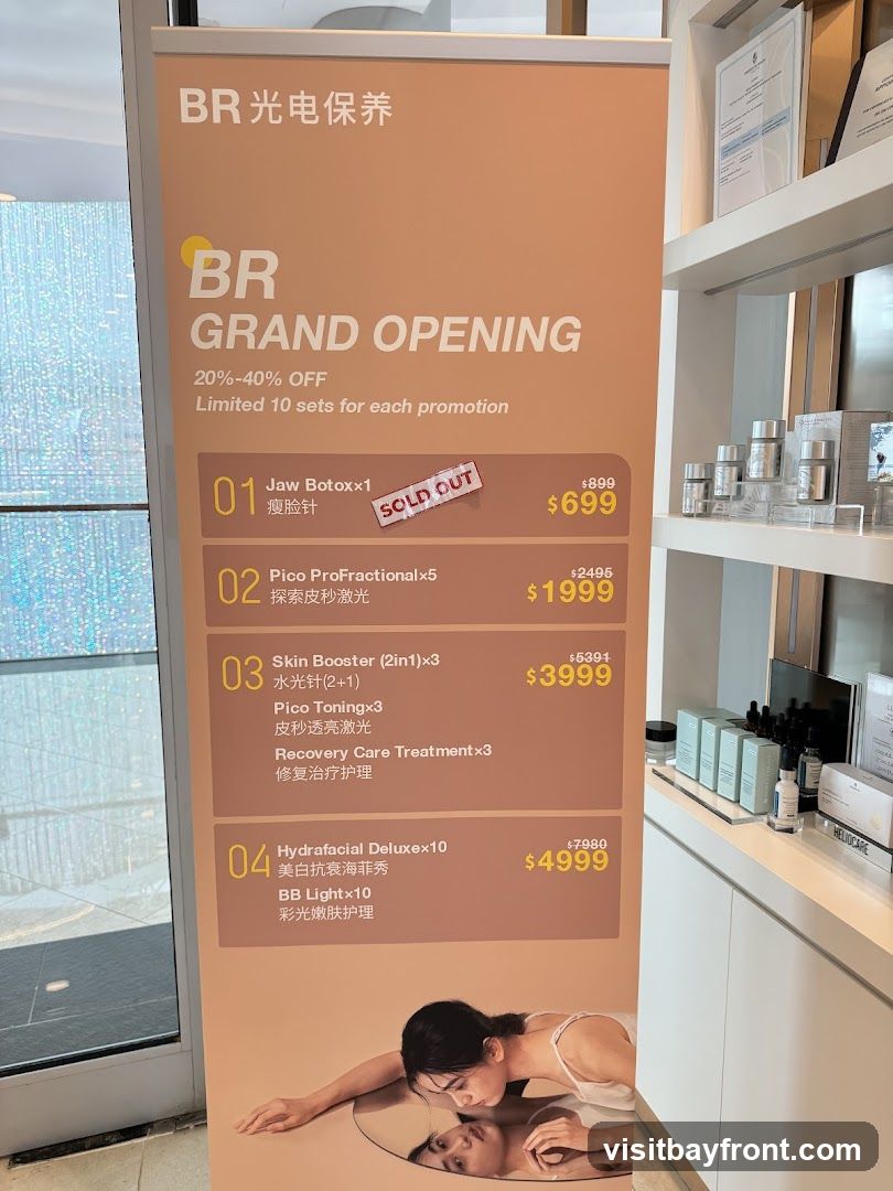 A promotional banner for BR Grand Opening offering 20%-40% off. The banner lists four promotional sets with their original and discounted prices. Set 1, Jaw Botoxx1, is marked as sold out. The other sets include Pico ProFractional, Skin Booster, Pico Toning, Recovery Care Treatment, Hydrafacial Deluxe, and BB Light. The banner also features an image of a woman looking into a mirror. The background shows a retail environment with shelves displaying skincare products.