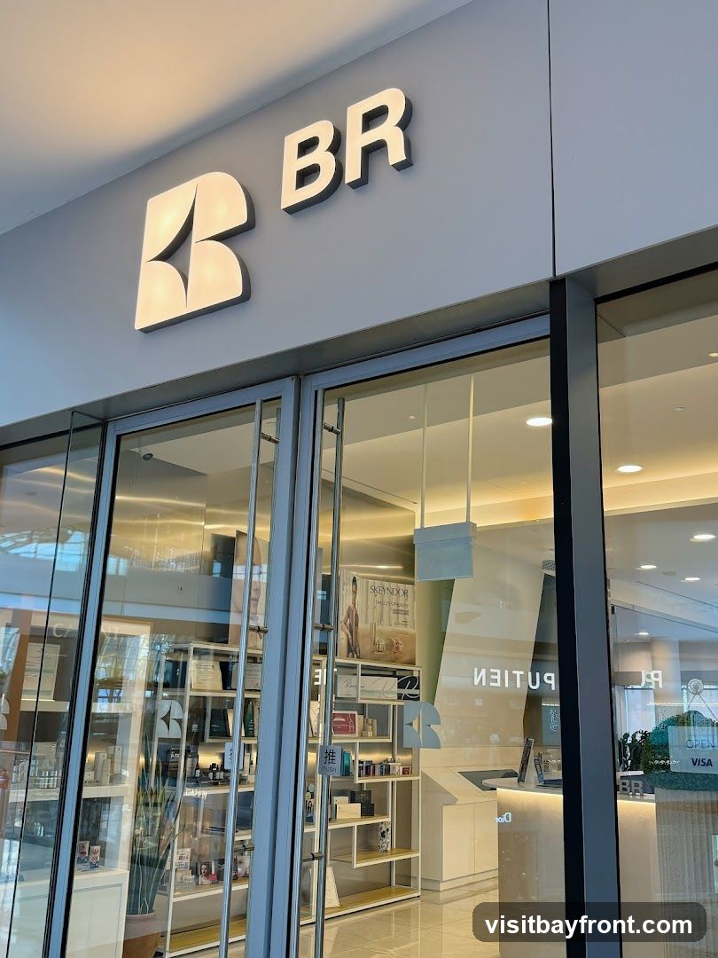 The exterior of a BR store with large glass doors and windows. The BR logo and name are prominently displayed above the entrance. Inside, shelves are stocked with various products, and a counter is visible.