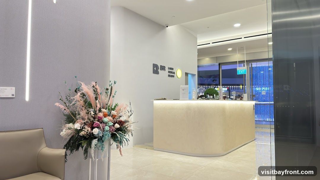 A modern reception area with a light-colored counter, a large floral arrangement, and a sofa. The company logo "BR LASER MEDICAL BEAUTY" is visible on the wall behind the counter. An exit sign is visible through a glass door in the background.