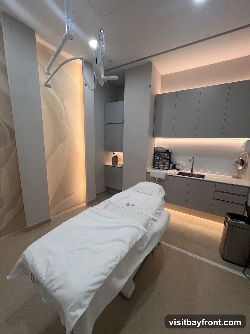 A clean and modern medical treatment room with a white-covered examination table in the foreground. The room features a large adjustable medical lamp overhead, grey cabinetry along the back wall with a sink and faucet, and subtle decorative wall paneling. The overall ambiance is sterile and professional.