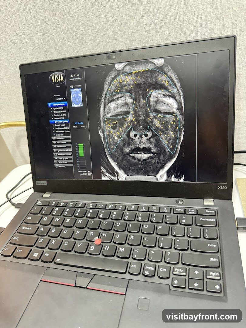 A laptop displaying a VISIA skin analysis report. The screen shows a UV image of a face with various skin concerns highlighted, including spots, wrinkles, texture issues, pores, brown spots, red areas, and porphyrins. The software interface on the left provides detailed metrics and options for viewing and comparing results.
