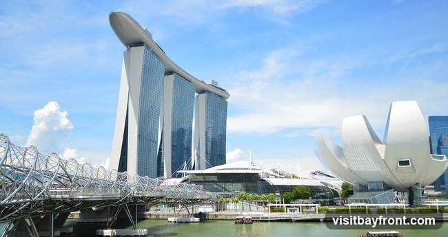 A wide shot of the Marina Bay Sands hotel and the ArtScience Museum in Singapore, with the Helix Bridge in the foreground. The sky is blue with scattered clouds.