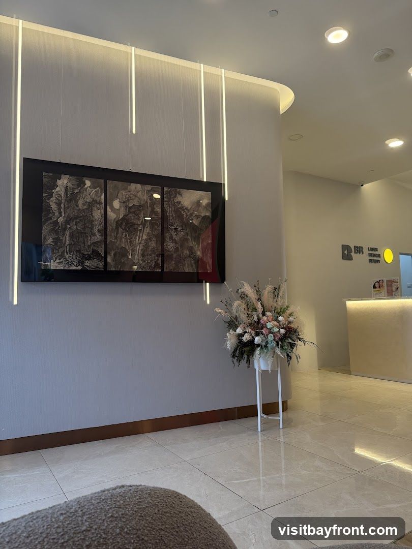A modern reception area with a large triptych artwork on a grey wall, illuminated by vertical strip lights. In front of the artwork is a tall white stand holding a large, elaborate floral arrangement. To the right, a reception desk with a logo that reads 'BR LASER MEDICAL BEAUTY' is visible, along with a yellow circular accent. The floor is tiled with a reflective surface.