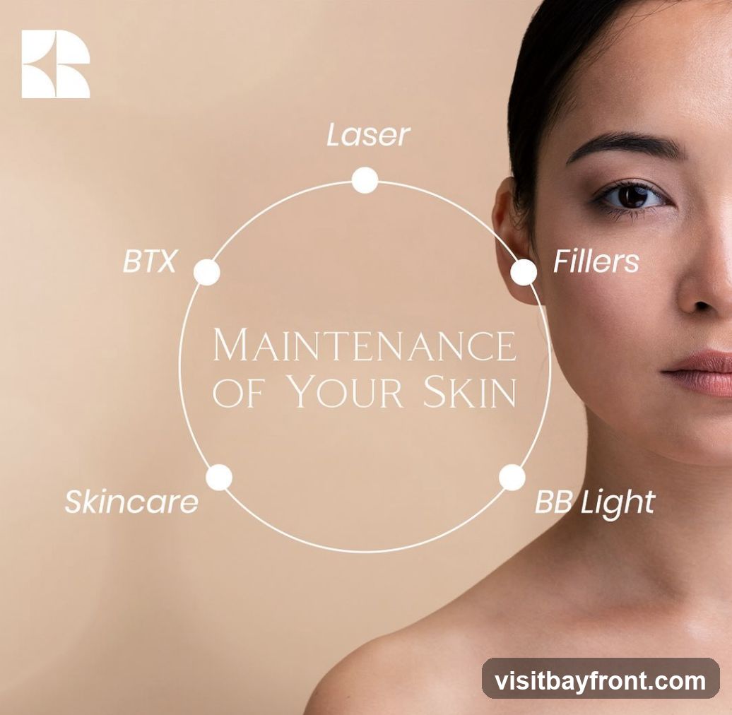 A close-up of a woman's face with text overlay indicating skin maintenance services. The text reads "MAINTENANCE OF YOUR SKIN" within a circle, with points labeled "Laser", "Fillers", "BB Light", "Skincare", and "BTX" around it. A logo is visible in the top left corner.
