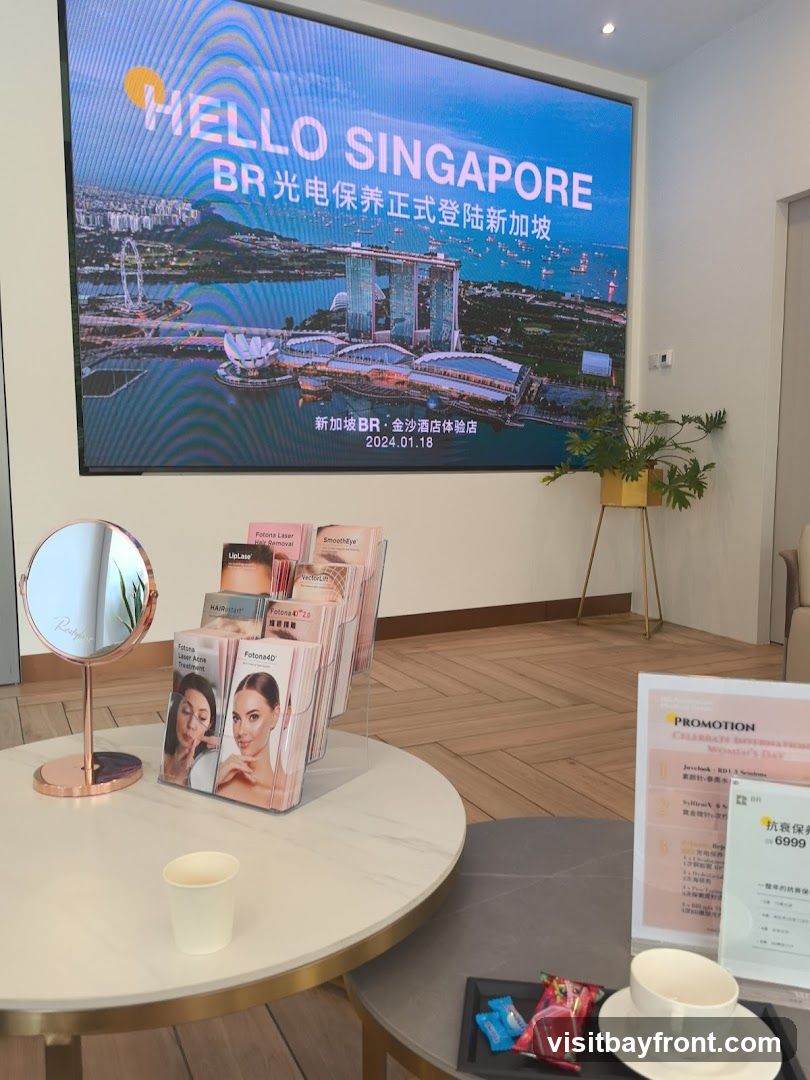 A large LED screen displays "HELLO SINGAPORE" with an aerial view of the Marina Bay Sands and Singapore Flyer. Below the screen, brochures for various beauty treatments like Fotona Laser, Hair Removal, and Smooth Eye are displayed in a rack. A rose gold mirror and a white cup are on a marble-topped table. A promotional poster for "MOMER'S DAY" with a price of 6999 is visible on the right.