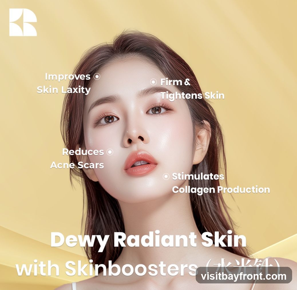 A woman's face is shown with text overlay highlighting the benefits of skinboosters. The text indicates that skinboosters improve skin laxity, reduce acne scars, firm and tighten skin, and stimulate collagen production. The overall message promotes achieving dewy and radiant skin.