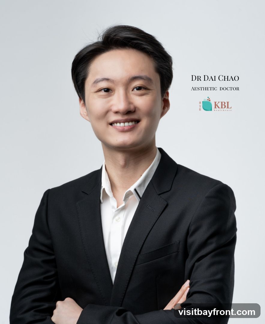 A portrait of Dr Dai Chao, an aesthetic doctor. He is wearing a black suit and a white shirt, with his arms crossed. The KBL Healthcare logo is visible to the right of his name.