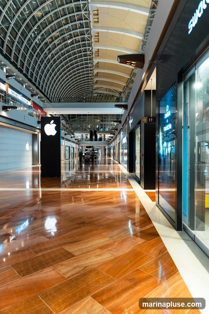 A wide, polished wooden floor stretches down a modern shopping mall corridor. The ceiling features a distinctive arched glass and metal structure. On the left, a tall black display with a prominent white Apple logo stands. Further down, other storefronts are visible, including one with a blue neon sign that appears to say 'OMEGA x SWATCH'. The mall appears to be empty, with no shoppers or staff visible.