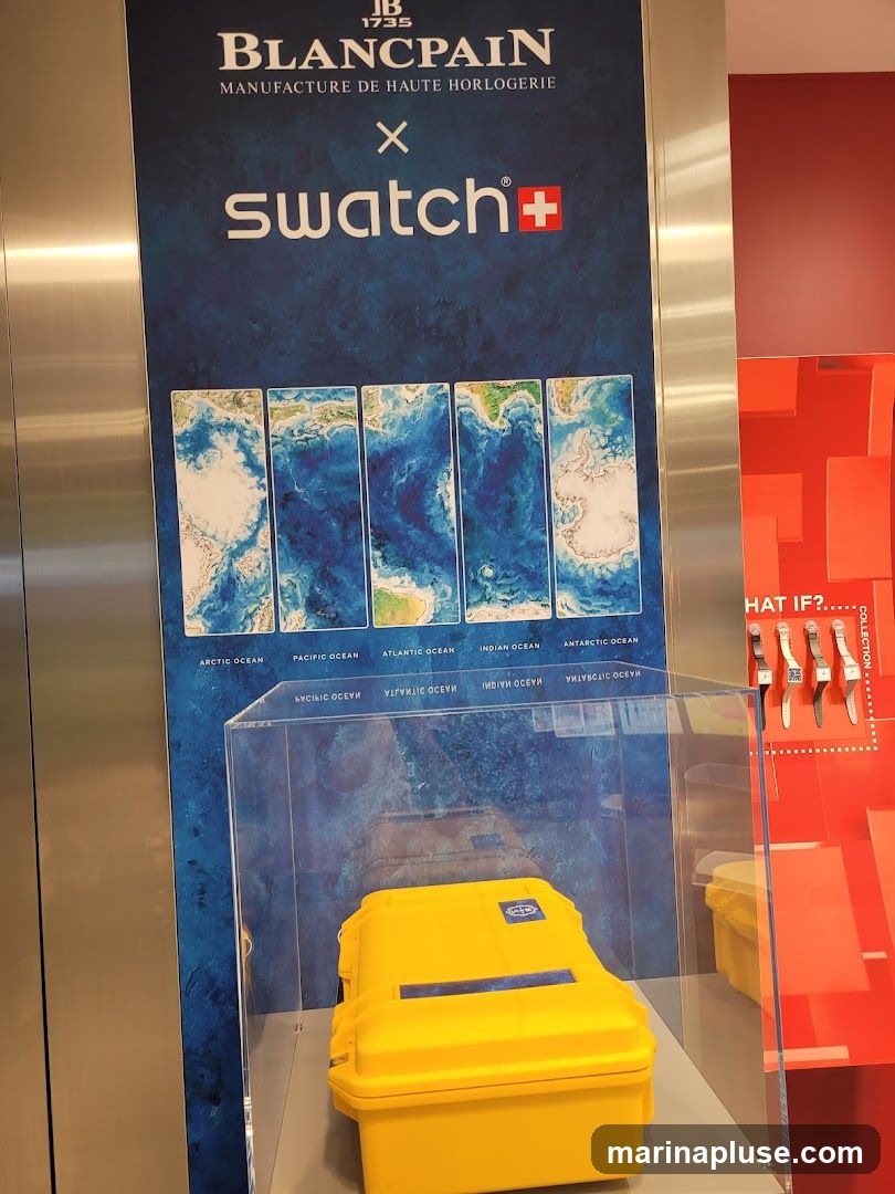 A display featuring the Blancpain and Swatch logos, with a backdrop showing maps of various oceans. A yellow protective case is displayed in a clear case. To the right, a red display shows watches and text that reads "WHAT IF? COLLECTION".
